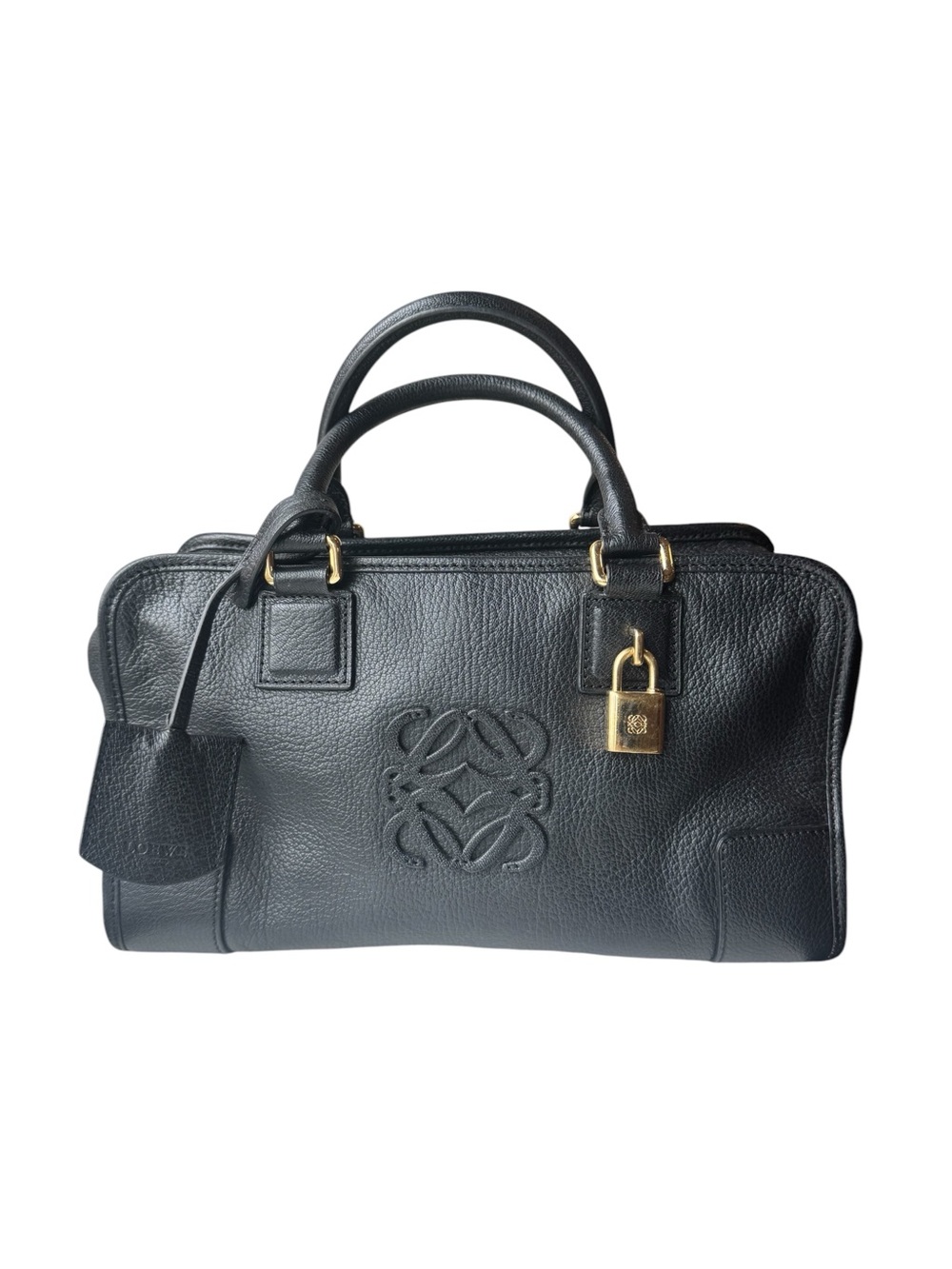 Loewe Black Pebbled Leather Amazona 28  Top Handle Boston Bag Auth